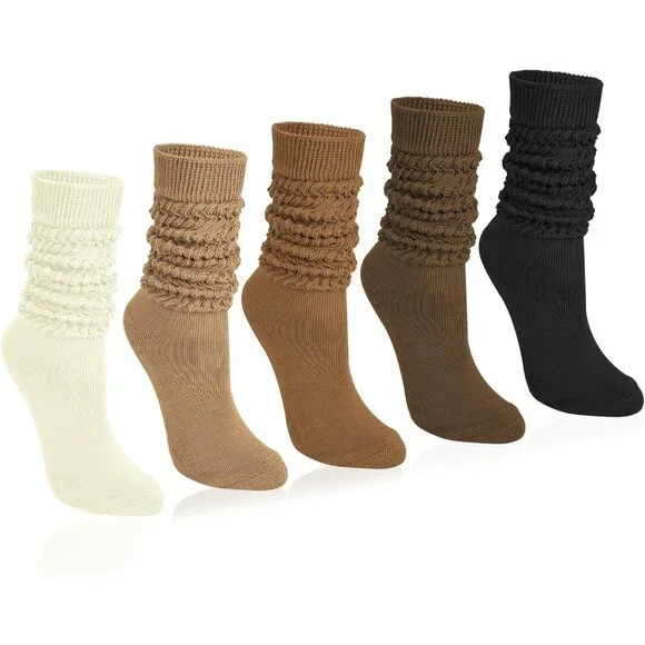 Women Knit Cotton Slouch Socks 5 Pairs Knee High Long Crew Comfortable