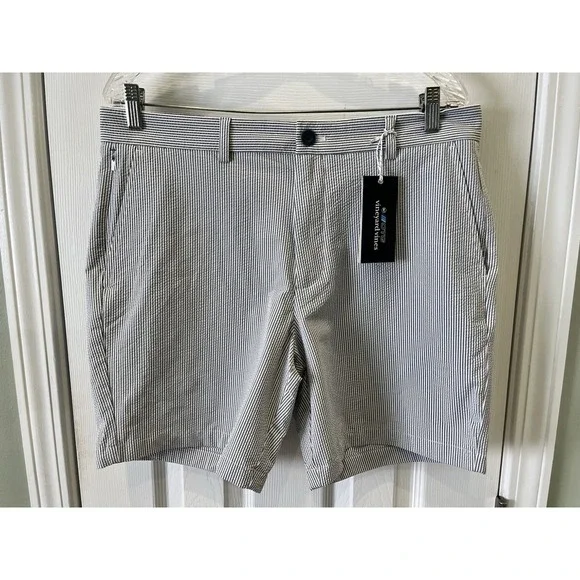 Vineyard Vines On-The-Go Seersucker Shorts Men 33 OTG Performance Navy White NWT