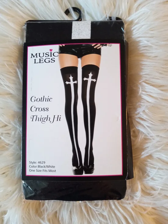Music Legs Black & White Gothic Cross Thigh High Stockings