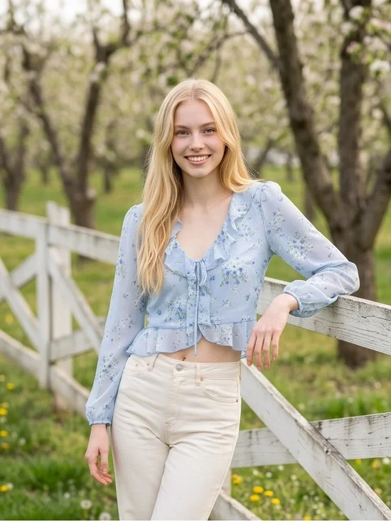 by & by Light Blue Floral Ruffle Tie-Front Crop Blouse
