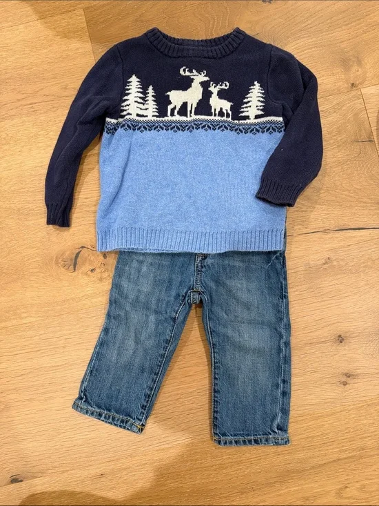 Janie and Jack Navy & Light Blue Moose Knit Sweater
