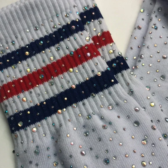 Rhinestone Embellished Striped Crew Socks - White with Navy & Red