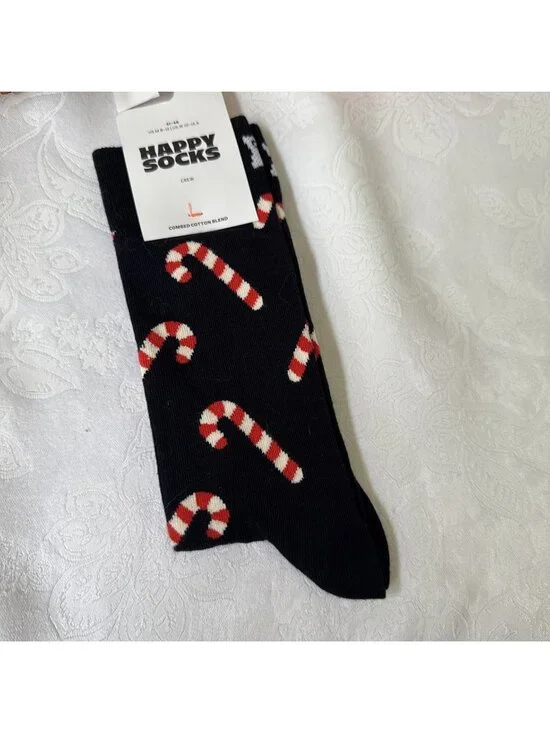 Happy Socks M 8-12 Crew Socks Christmas Holiday Candy Cane Novelty 41-46 NEW