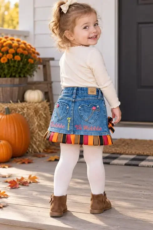 Toddler Thanksgiving Denim Skort Size 2 Turkey Ribbon Hem Heart Pockets