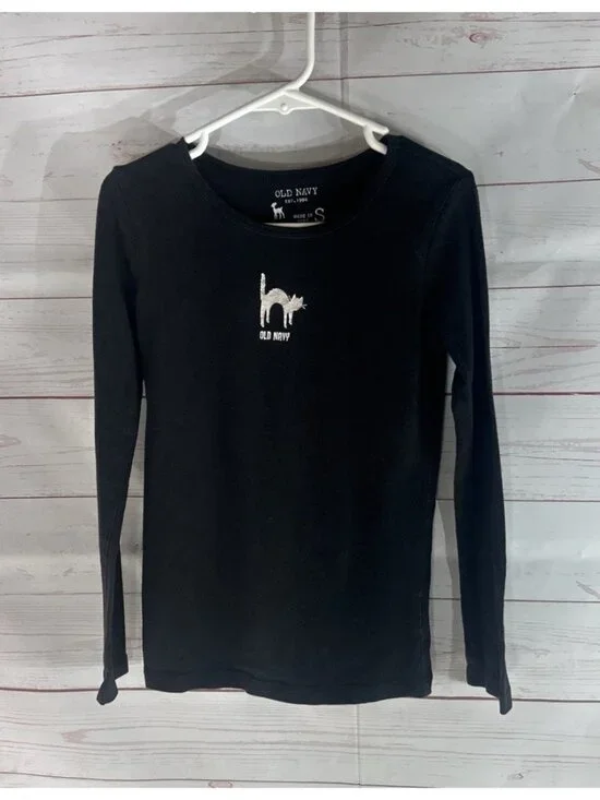 Y2K Vintage Halloween Shirt Black Long Sleeve Top Girls Size Small Hissing Cat