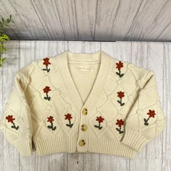 Rylee + Cru Girls Ivory Knit Cardigan Embroidered Floral Button V-Neck 2-3Y