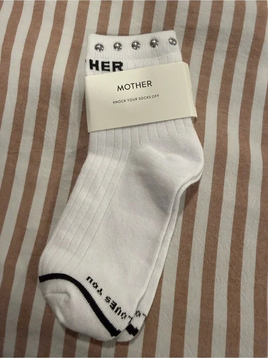 MOTHER White Ankle Socks with Silver Studs and Black Stripe