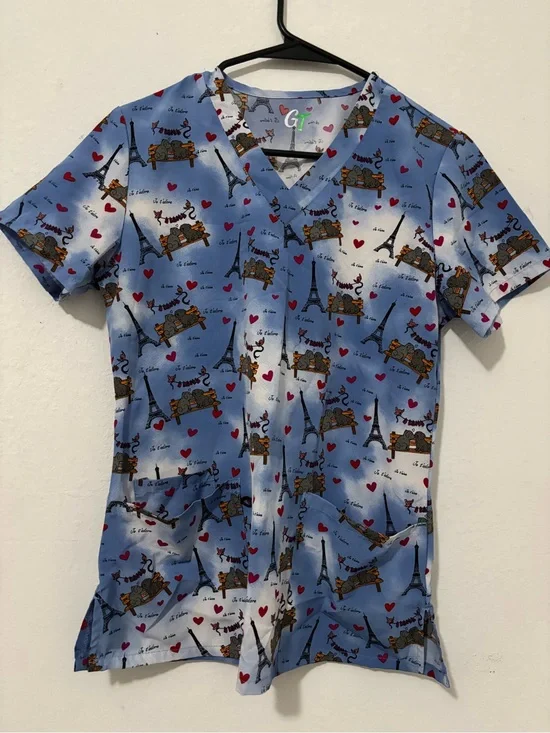 Kids Blue Paris Print Scrub Top