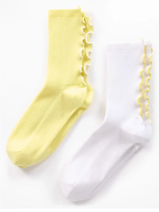 Women’s Athleta Ruffle Crew Socks Organic CottonYellow/White 2-pk Size small NEW