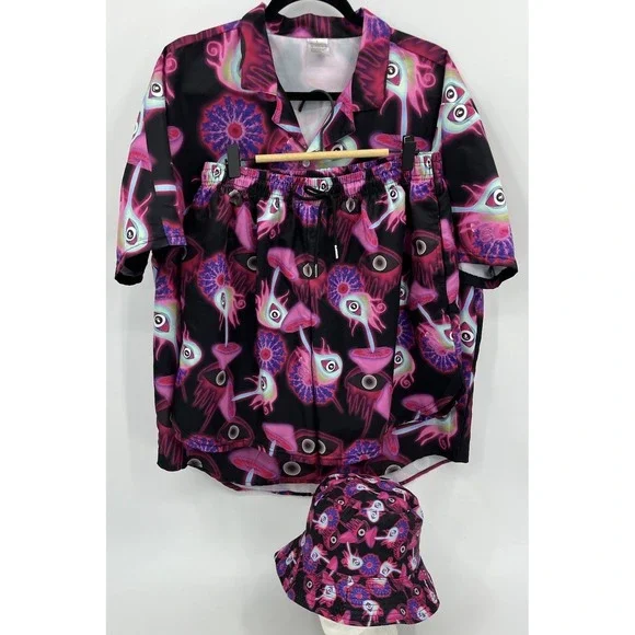 Psychodelic Mushroom Eyeball Shirt Shorts‎ and Hat Set Large Club Rave Festival