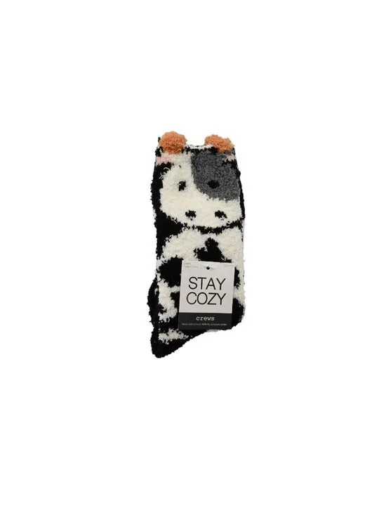 NWT Stay Cozy 2 Pack Crew Socks OS 4-10 Black White Cow Print Fuzzy Novelty