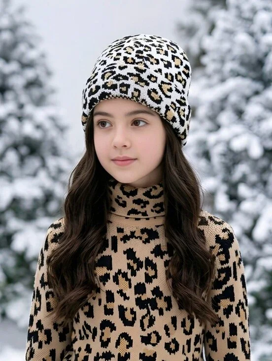 Childrens Place Girls Leopard Print Knit Beanie Winter Hat Black White NWT 4-7