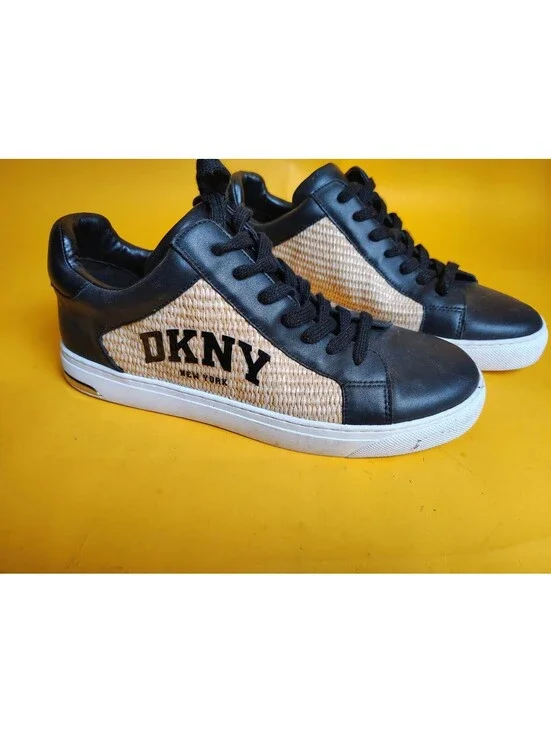 DKNY Abeni Arch Raffia Low Top Sneakers Black Leather Straw Women's Size 11 M Us