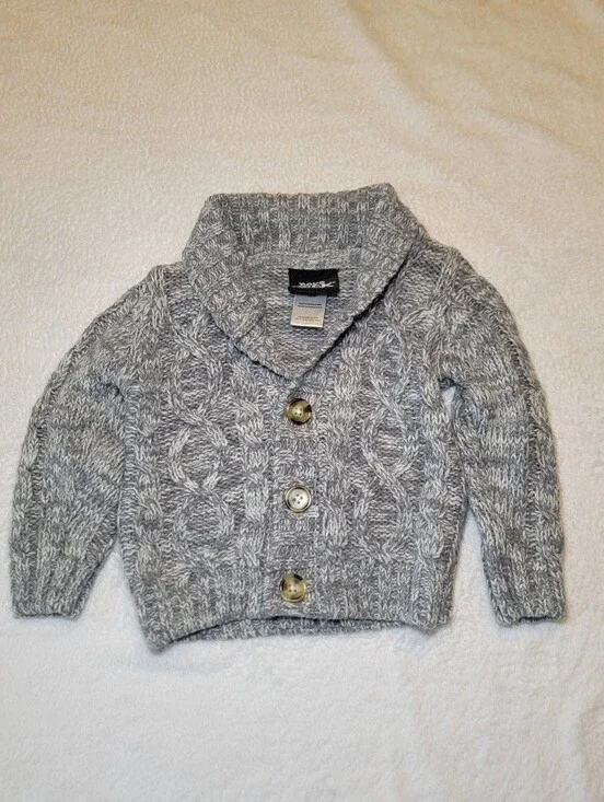 Boys Rock Grey Marled Cable-Knit Shawl Collar Cardigan Sweater - Size 12M