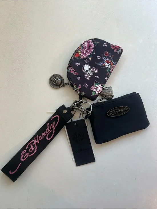 Ed Hardy Black & Pink Keychain Wristlet Coin/Card Pouch Set