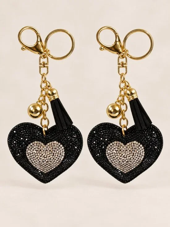 Set of 2 Sparkly Heart Bag Charms Keychains New