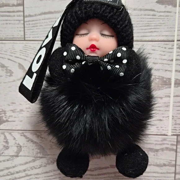 Hdsp Black Faux Fur Doll sleeping Pom Pom Key Chain Polka Dot Bow LOVE Strap