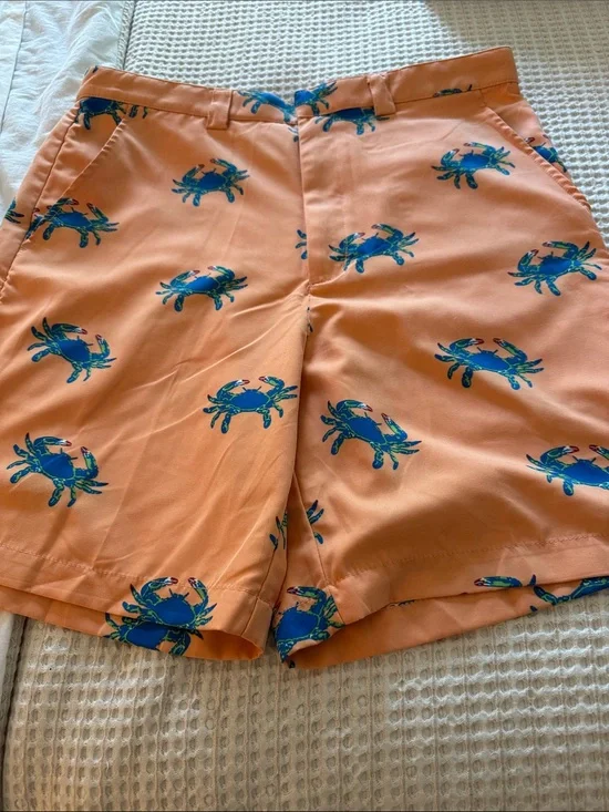 Ella Orange Shorts with Blue Crab Pattern