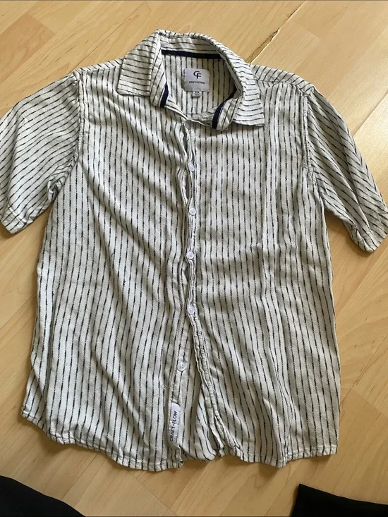 IC COLLECTION Boys Short-Sleeve Striped Button-Up Shirt in White & Black