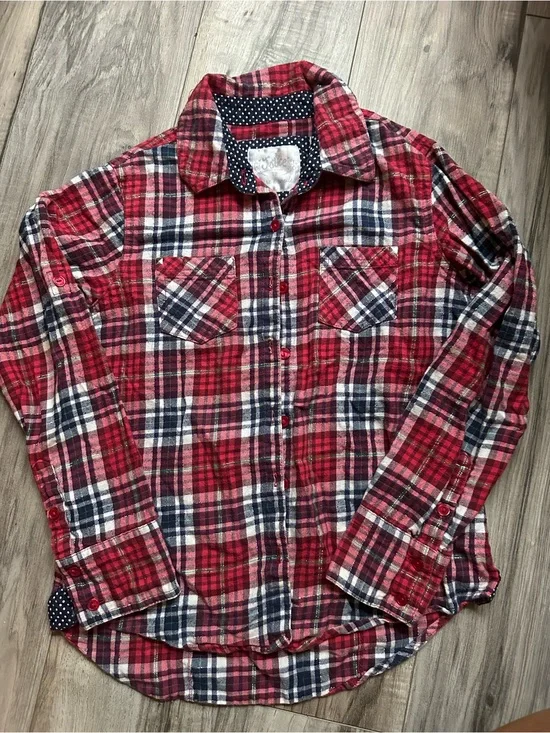 Justice Girls Red Plaid Flannel Shirt Lg Sleeve ButtonUp Metallic accent Size 10