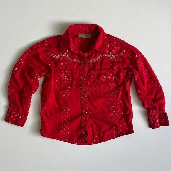 Wrangler Girls Red Silver Metallic Foil Dot Western Snap Shirt XS 4