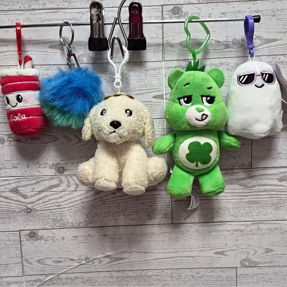 Lot of 5 Plush stuffed Keychains Lucky Care Bear, Dog, Ghost Cola Cup Pom-Pom