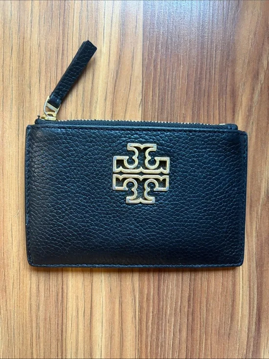 Tory Burch Black Pebbled Leather Zip Card Holder with Gold Logo Accent