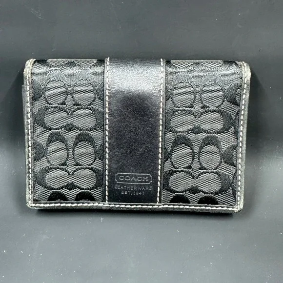 Coach Signature Canvas Card Case Wallet Womens Black Monogram Leather Trim