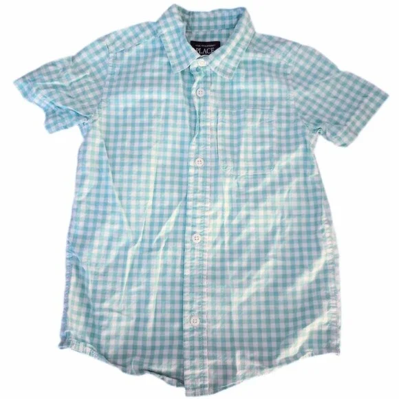 Children's Place Button Up Aqua Gingham Short Sleeve Top sz 5T Boys