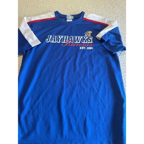 NCAA Kansas Jayhawks Kids Blue White Red Performance Shirt Size XXL 18 KU Tee