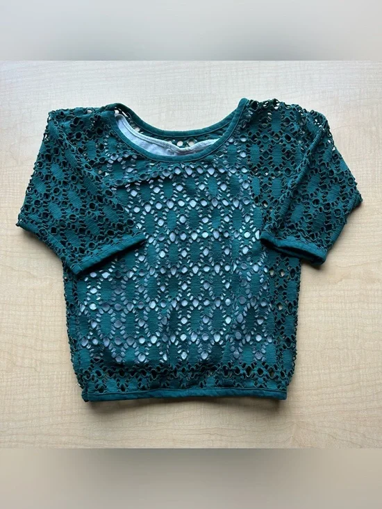 VTG 90s TLC for Girls Green Open Knit Top Crop Shirt Sz 7 Y2K Grunge Fairycore