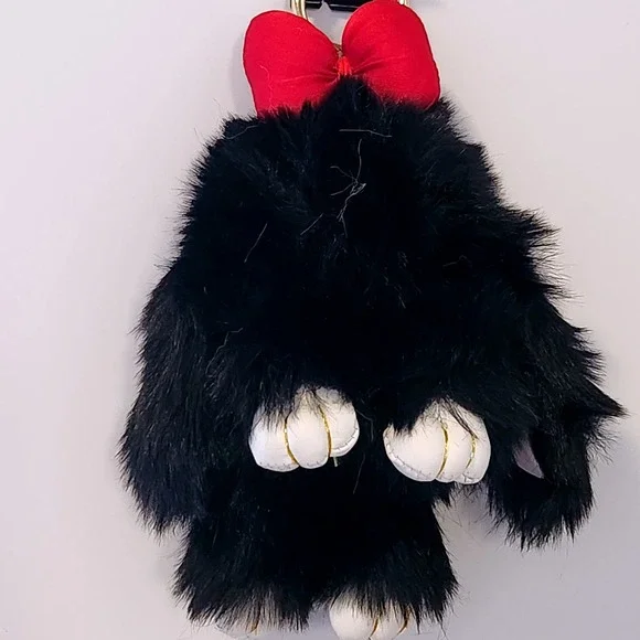 Black Faux Fur Bunny Keychain Plush Bag Charm with Red Bow and White Paws 5.0