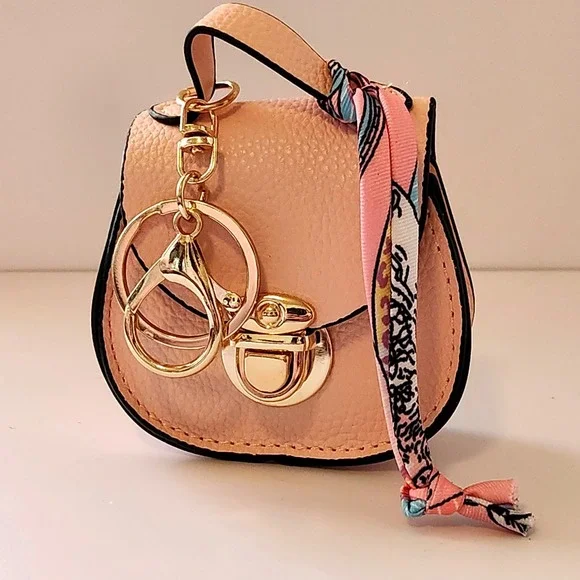 Mini Satchel Keychain Bag Charm Blush Pink Faux Leather with Twilly Scarf Accent