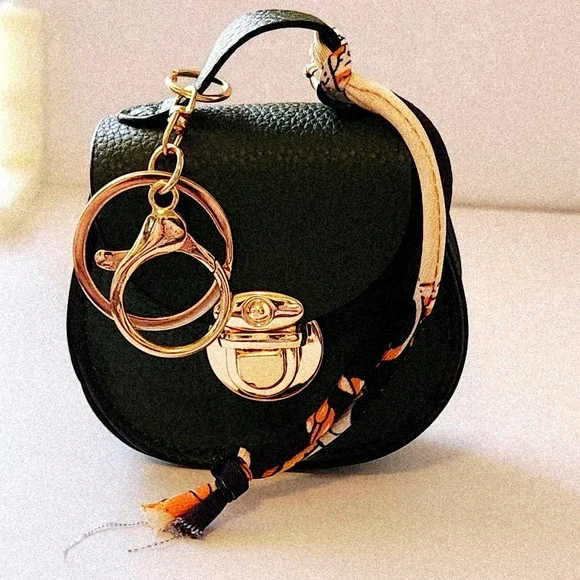 Dark Green Pebbled Mini Bag Keychain Charm Scarf Wrapped Handle Gold Hardware