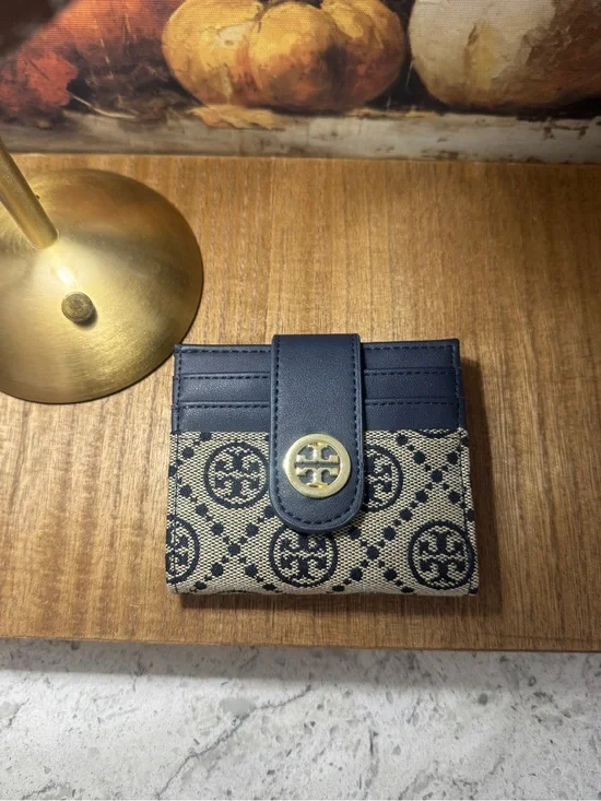 Tory Burch Navy and Beige Logo Jacquard Card Case with Gold Logo Snap