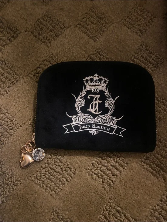 Juicy Couture Black Velvet Zip Coin Pouch with Charm Accent