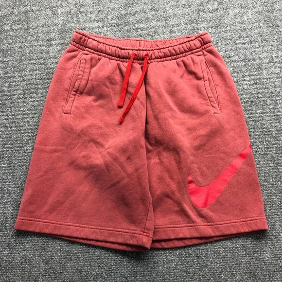 Nike Mens Fleece Shorts Red Big Swoosh Logo Drawstring Pockets Small