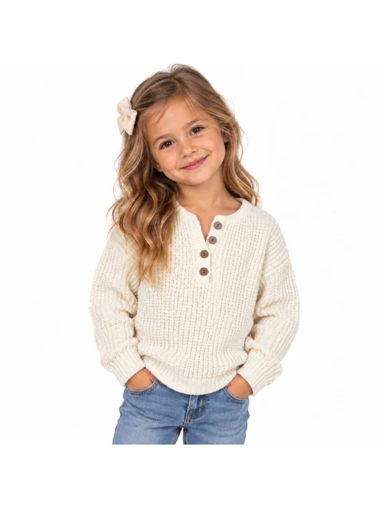 Girl's Waffle Knit V-Neck Button Pullover Sweater–Off White–Approx Size 5–NWOT