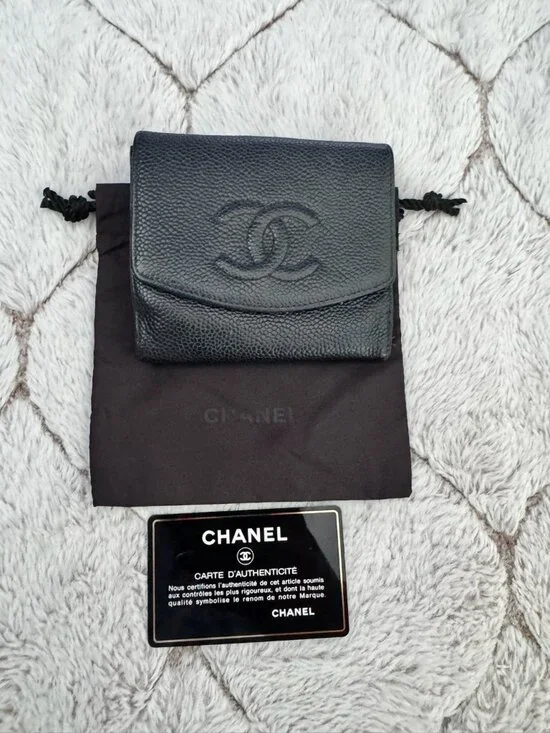 Chanel Caviar Timeless CC Compact Black Leather Wallet