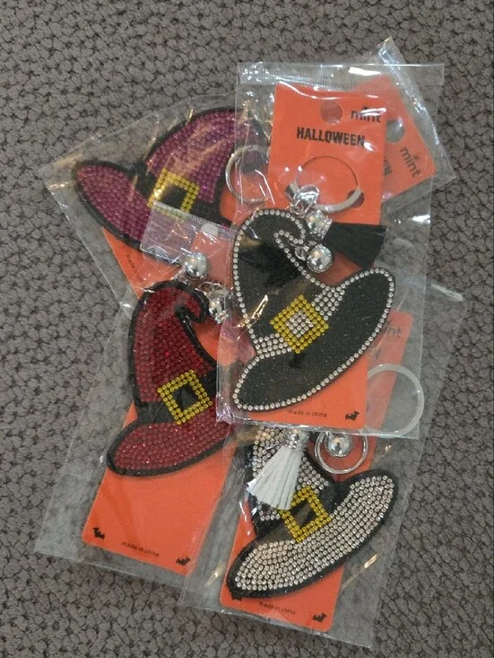 Witch Hat Keychains in Red,purple, Pink & Black with Tassel Charms