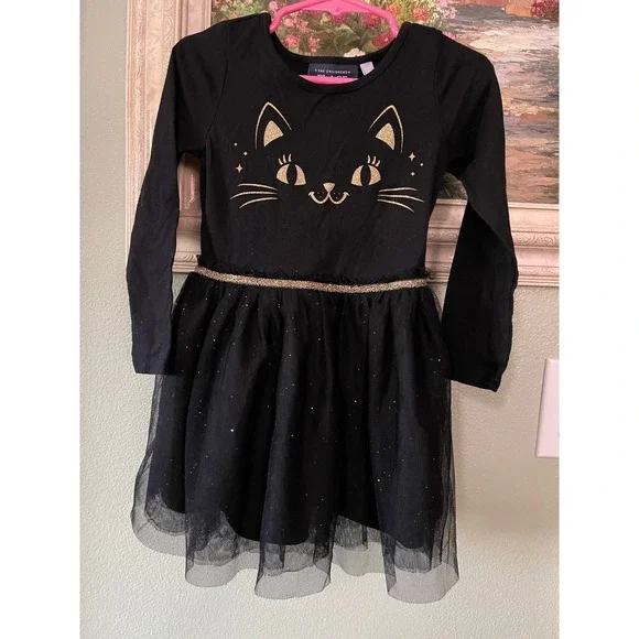 The Children's Place Long Sleeve Toddler Girls Glitter Cat Tutu Dress Black 3T