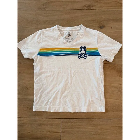 Psycho Bunny Boys White Pima Cotton V-Neck Stripe Graphic T-Shirt Size S 7/8