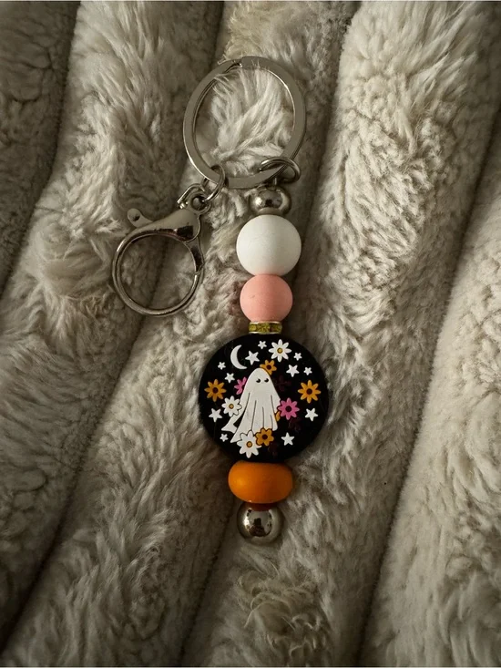 Handmade Black Floral Ghost Keychain with Pink, White & Orange Beads