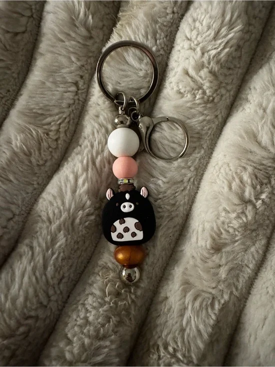 Cute Black & Pink Cow Charm Keychain with Bead Accents