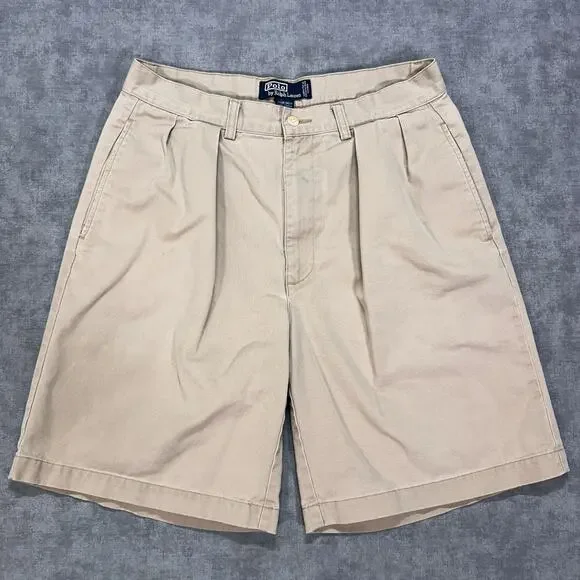Vintage Polo Ralph Lauren Tyler Shorts Men 32 Khaki Pleated Chino Made in Mexico