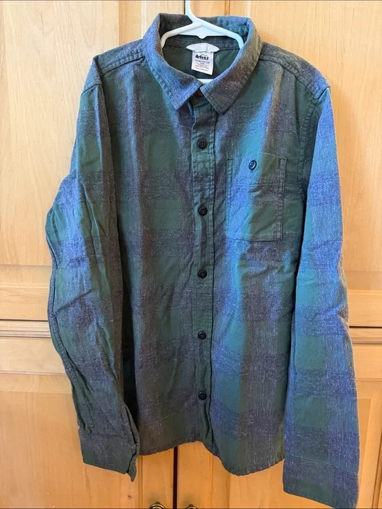 REI Kid’s Green and Gray Plaid Flannel Button-Up Shirt