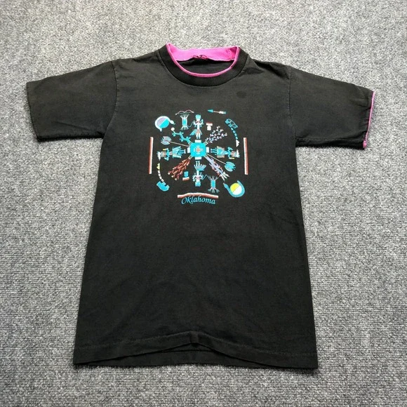 Vintage Oklahoma Graphic T-Shirt Kids Black Pink Trim Single Stitch Retro Tee