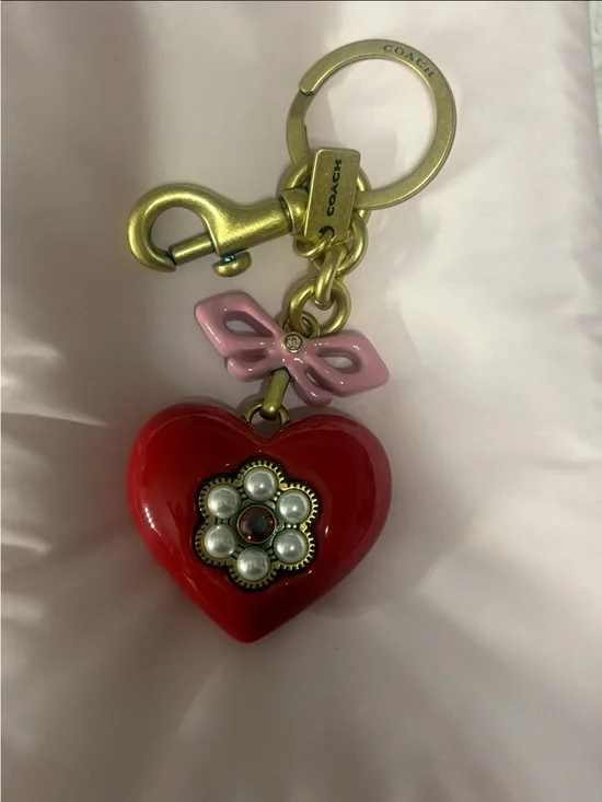 Authentic Coach Red Heart Key Charm with Pink Bow and Pearl Flower