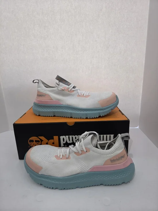 Timberland PRO Setra Knit Womens Shoes Sz 9.5 M White Peach Safety Toe Sneakers