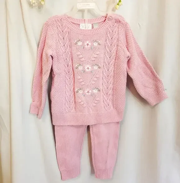 The Children's Place Baby Girl 12-18M Sweater Pants Set Floral NWT Pink